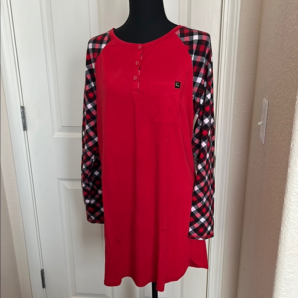 Cacique Red Plaid Sleeve Sleep Top